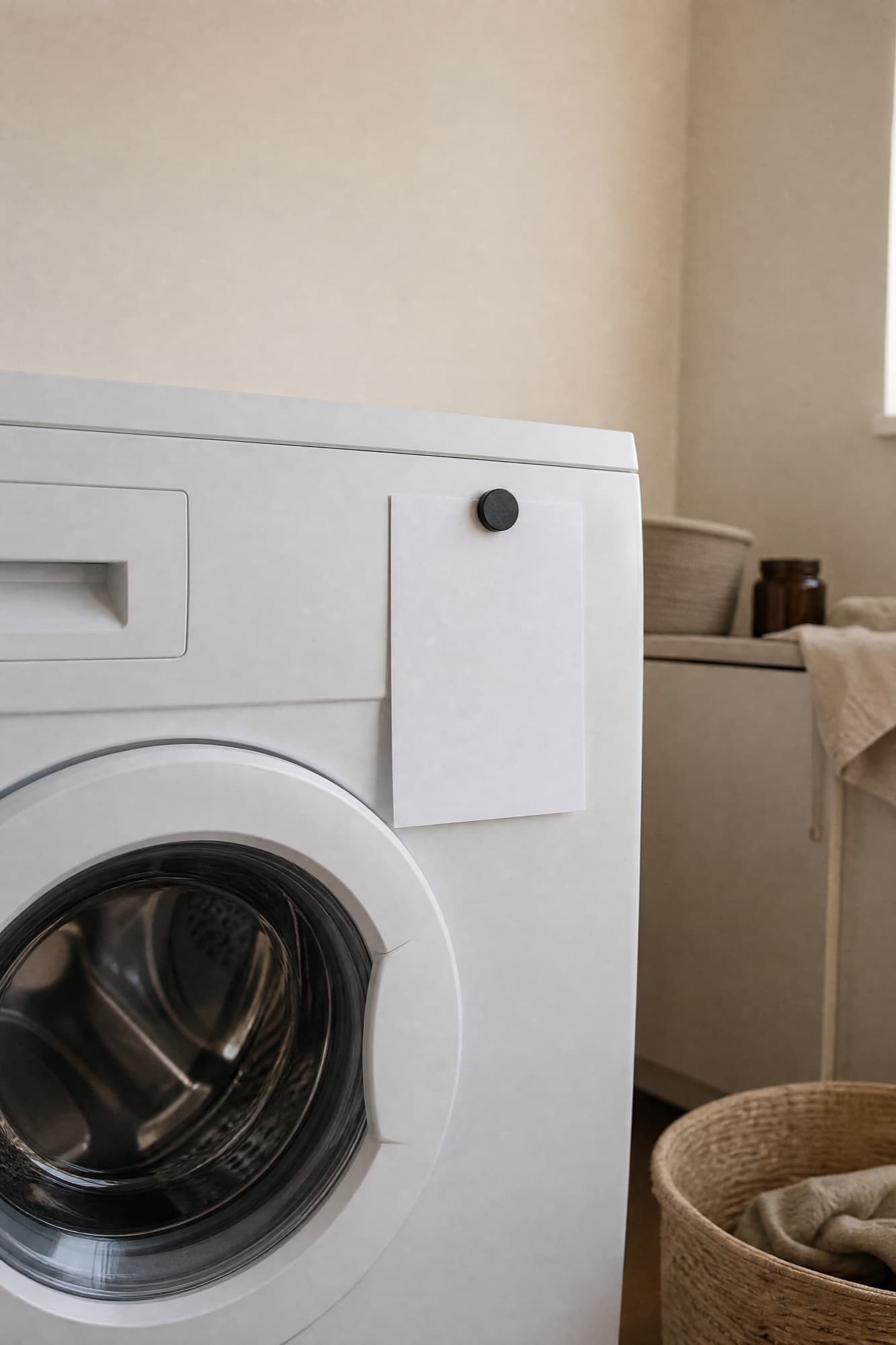 A plain white card held by a small black magnet on the door of a white washing machine in a utility room.