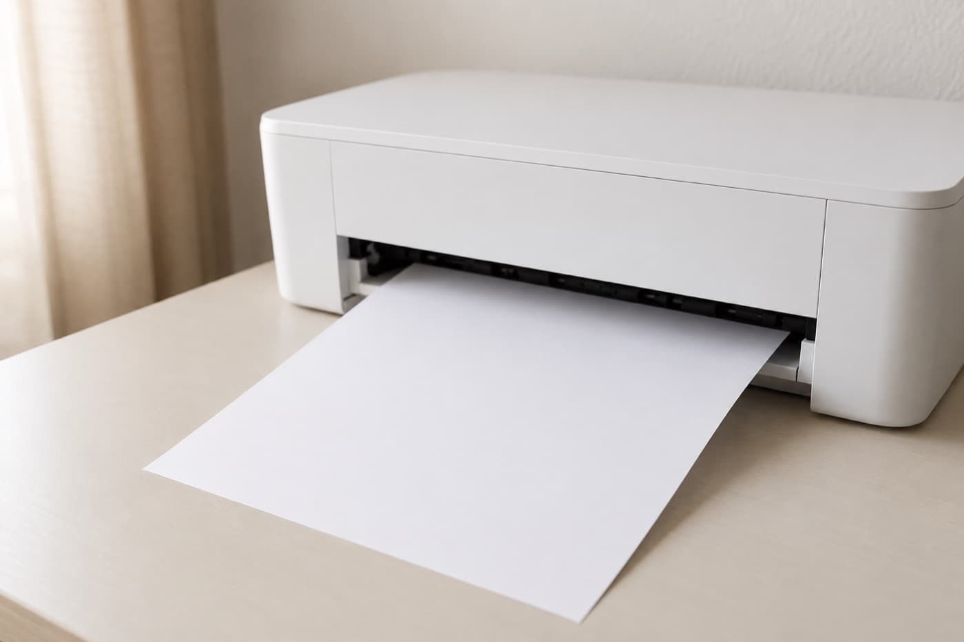 A blank white sheet emerging from a small home printer on a plain desk.