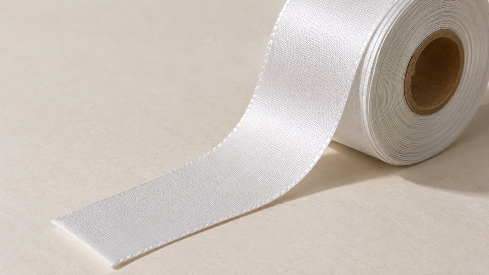 A roll of blank white woven label tape partly unspooled on warm off-white paper.